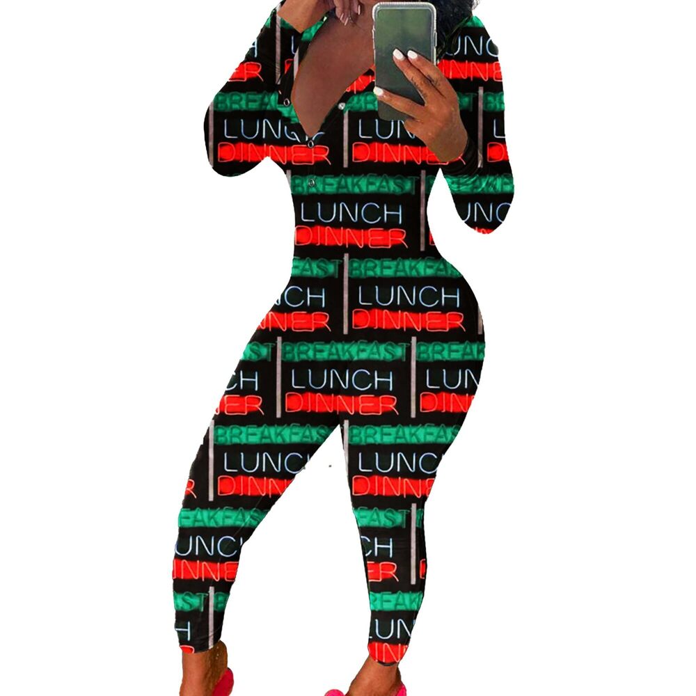 2607 Long Sleeve Button Down One Piece Jumpsuit Romper V Neck Bodycon